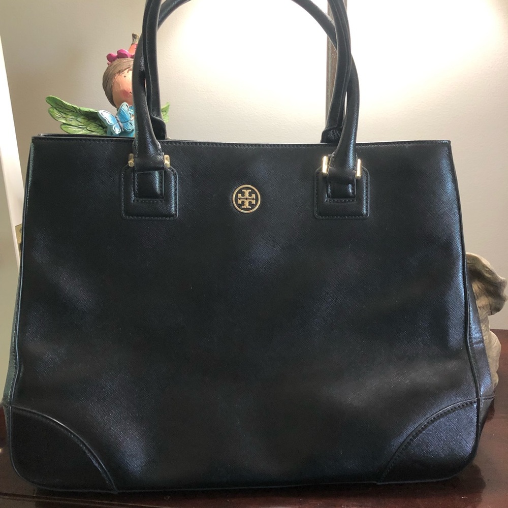 Tory Burch black leather tote handbag